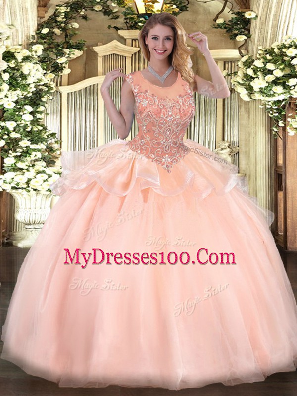 Custom Fit Peach Organza Zipper Scoop Sleeveless Floor Length Quinceanera Gown Beading