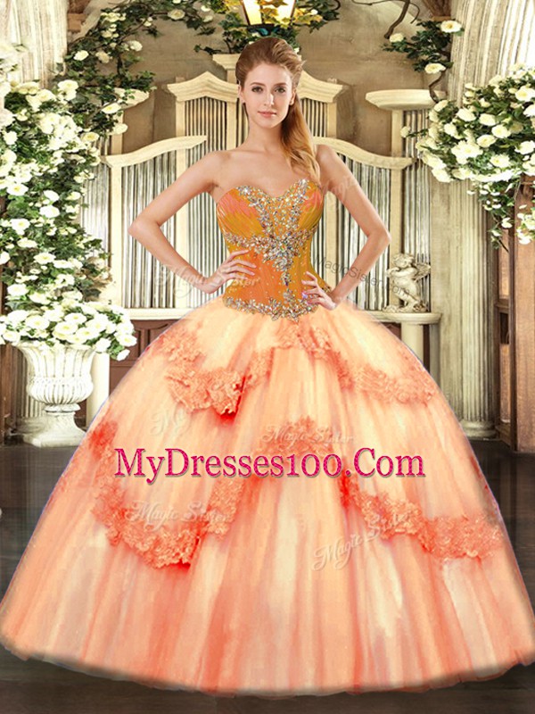 Tulle Sleeveless Floor Length Ball Gown Prom Dress and Beading