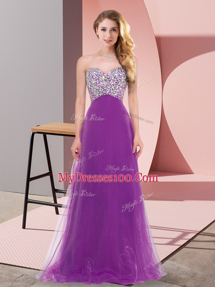 Purple Tulle Lace Up Sweetheart Sleeveless Floor Length Homecoming Dress Beading