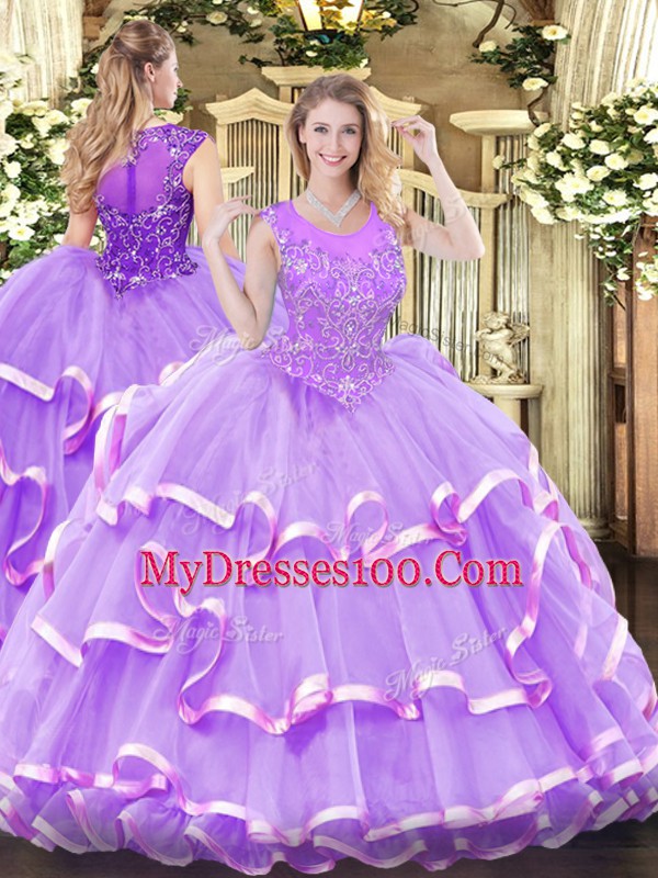 Floor Length Lavender Vestidos de Quinceanera Organza Sleeveless Beading and Ruffled Layers