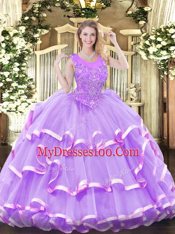 Floor Length Lavender Vestidos de Quinceanera Organza Sleeveless Beading and Ruffled Layers