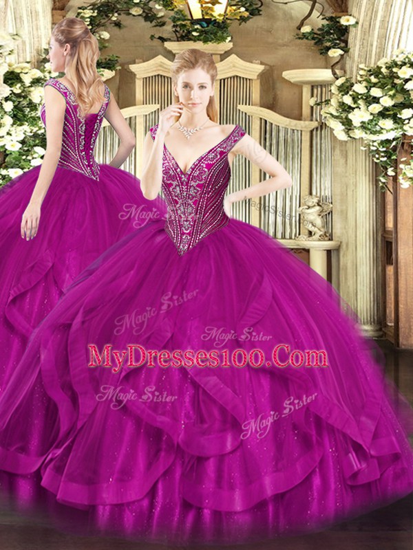 Fuchsia Sleeveless Floor Length Beading and Ruffles Lace Up Quinceanera Gown