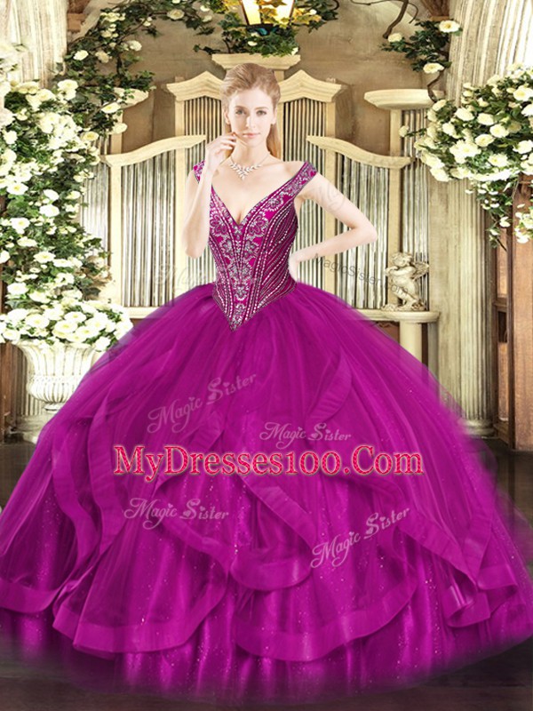 Fuchsia Sleeveless Floor Length Beading and Ruffles Lace Up Quinceanera Gown