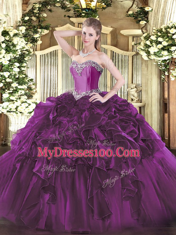 Sleeveless Floor Length Beading and Ruffles Lace Up Sweet 16 Dresses with Purple