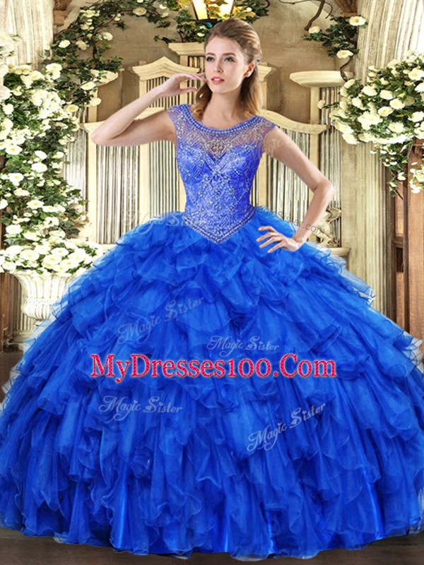Floor Length Royal Blue Quince Ball Gowns Organza Sleeveless Beading and Ruffles