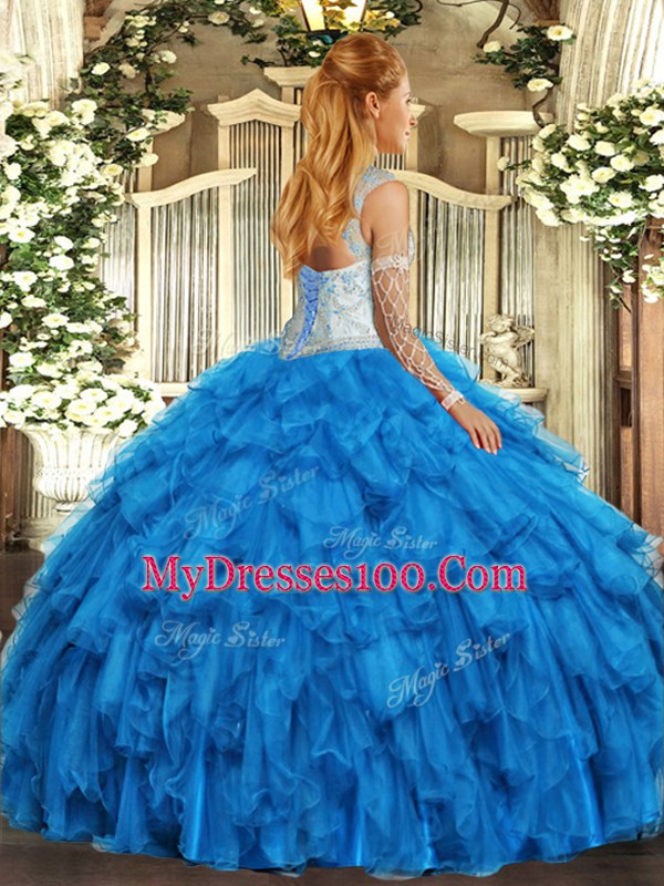 Floor Length Royal Blue Quince Ball Gowns Organza Sleeveless Beading and Ruffles