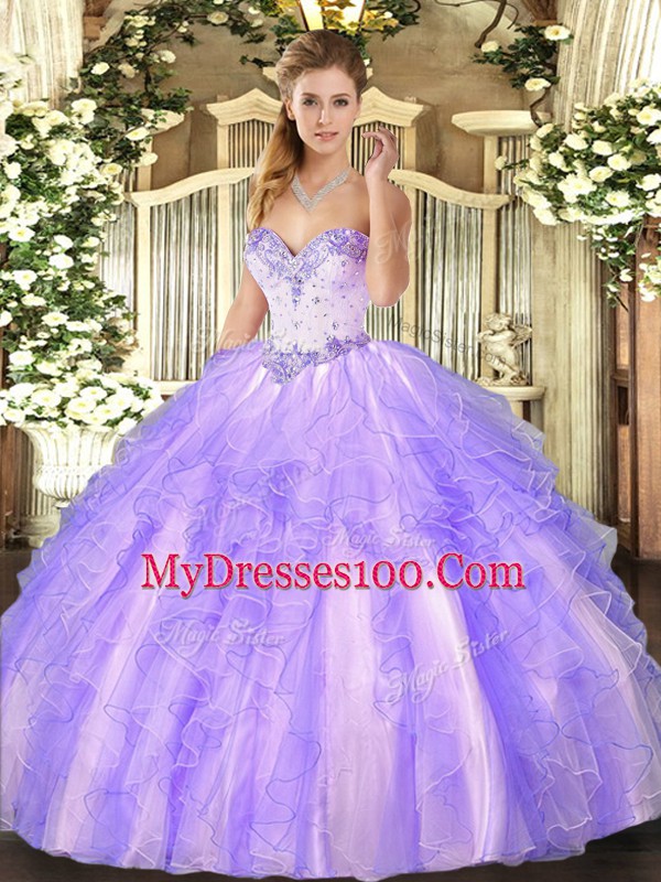 Classical Lavender Ball Gowns Beading and Ruffles Quinceanera Gown Lace Up Tulle Sleeveless Floor Length