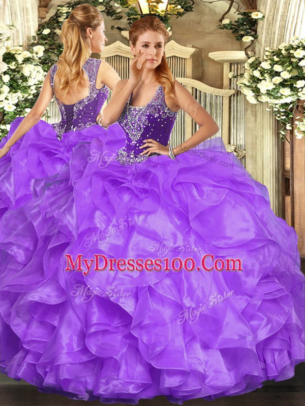 Flirting Straps Sleeveless Lace Up Sweet 16 Dresses Lavender Organza