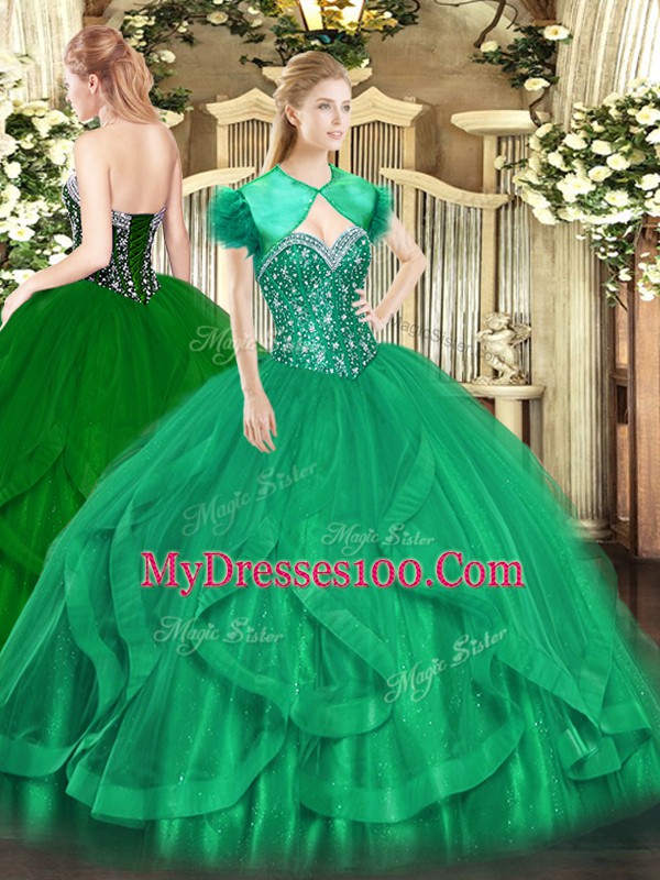 Dramatic Turquoise Sweetheart Lace Up Beading and Ruffles Quinceanera Dresses Sleeveless
