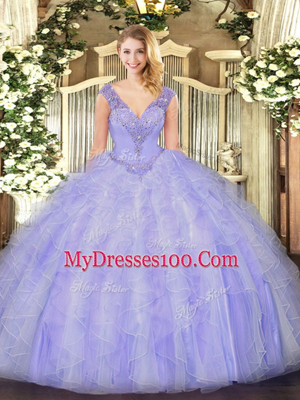 Hot Selling Floor Length Lace Up Quinceanera Dress Lavender for Military Ball and Sweet 16 and Quinceanera with Beading and Ruffles