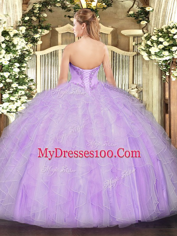 Hot Selling Floor Length Lace Up Quinceanera Dress Lavender for Military Ball and Sweet 16 and Quinceanera with Beading and Ruffles