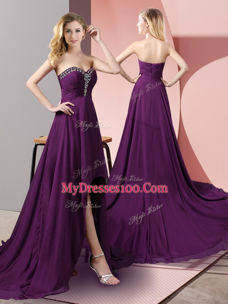 Sleeveless High Low Beading Zipper Prom Evening Gown with Purple