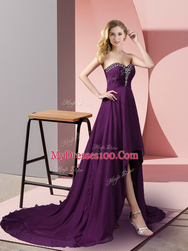 Sleeveless High Low Beading Zipper Prom Evening Gown with Purple
