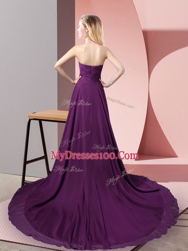 Sleeveless High Low Beading Zipper Prom Evening Gown with Purple