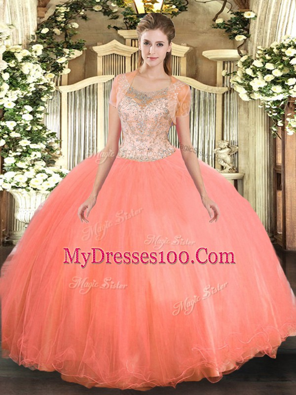 Watermelon Red Ball Gowns Scoop Sleeveless Tulle Floor Length Clasp Handle Beading 15 Quinceanera Dress