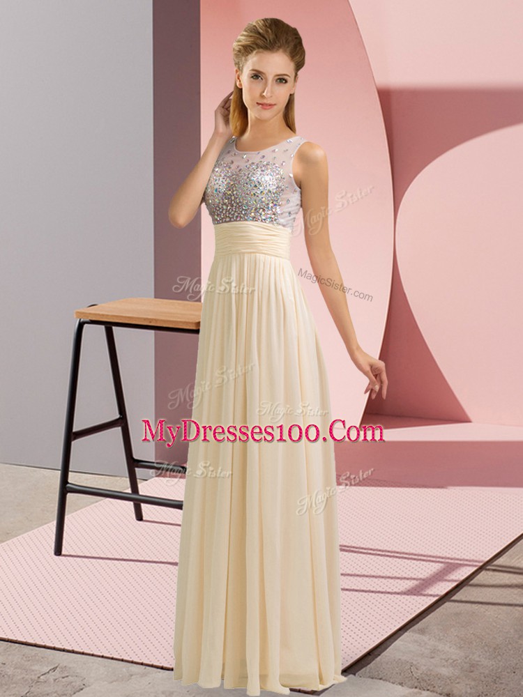 Fantastic Floor Length Champagne Prom Dress Chiffon Sleeveless Beading