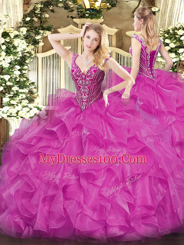 Ball Gowns Quinceanera Gowns Fuchsia V-neck Organza Long Sleeves Floor Length Lace Up