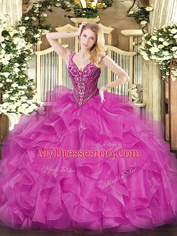 Ball Gowns Quinceanera Gowns Fuchsia V-neck Organza Long Sleeves Floor Length Lace Up