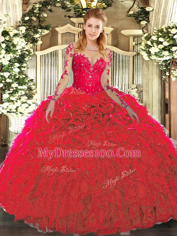 Colorful Scoop Sleeveless Lace Up 15 Quinceanera Dress Red Organza