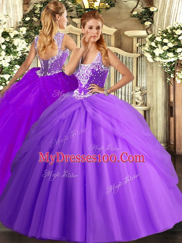 Affordable Sleeveless Tulle Floor Length Lace Up Vestidos de Quinceanera in Lavender with Beading and Pick Ups