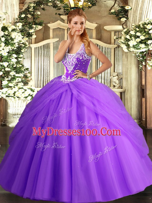 Affordable Sleeveless Tulle Floor Length Lace Up Vestidos de Quinceanera in Lavender with Beading and Pick Ups
