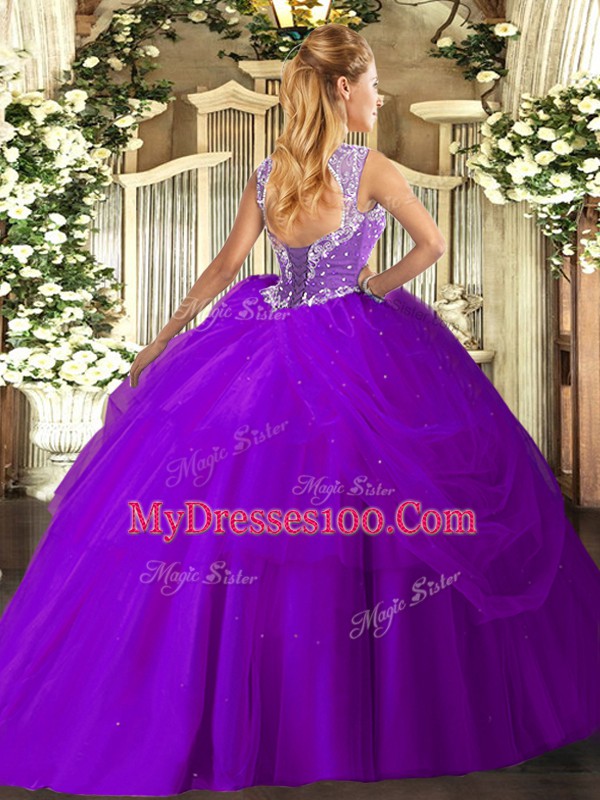 Affordable Sleeveless Tulle Floor Length Lace Up Vestidos de Quinceanera in Lavender with Beading and Pick Ups