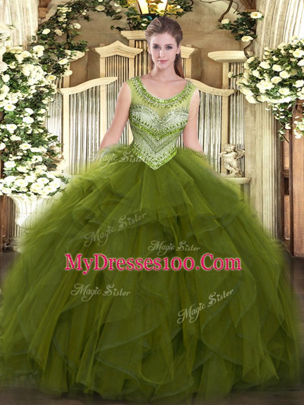 Low Price Olive Green Sleeveless Beading and Ruffles Floor Length Quince Ball Gowns
