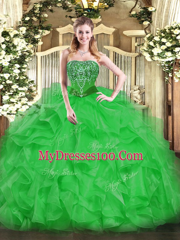 Strapless Sleeveless Organza Vestidos de Quinceanera Beading and Ruffles Lace Up