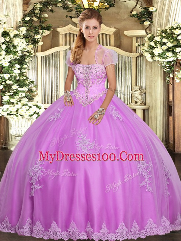 Dazzling Lilac Ball Gowns Tulle Strapless Sleeveless Appliques Floor Length Lace Up Sweet 16 Dress