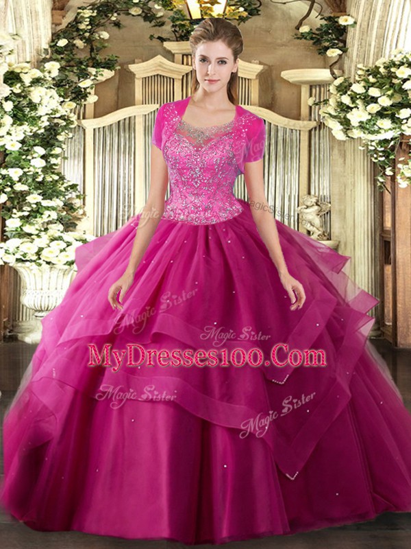 Graceful Hot Pink Clasp Handle 15th Birthday Dress Beading and Ruffles Sleeveless Floor Length