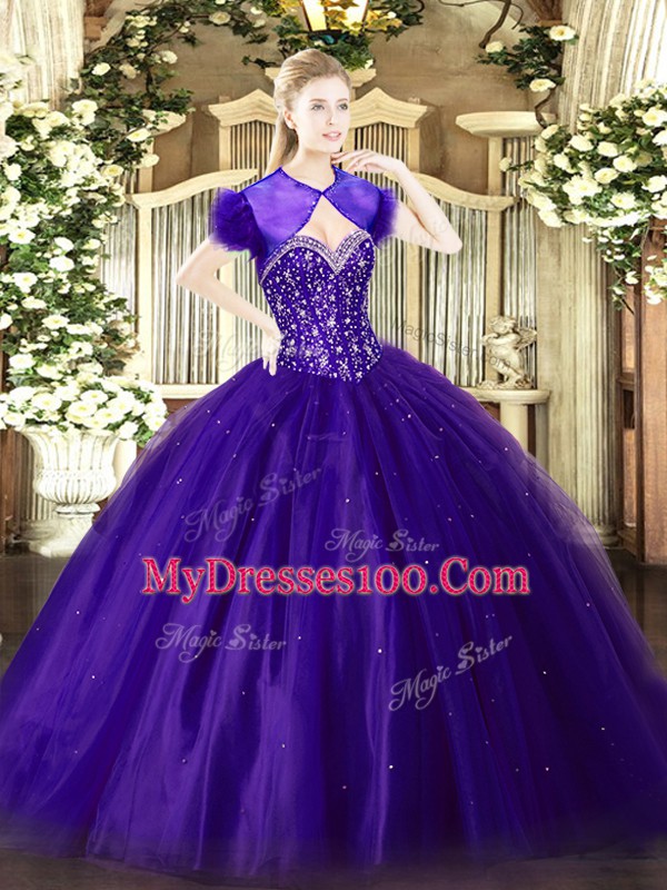 Inexpensive Purple Sleeveless Tulle Lace Up Quinceanera Gowns for Military Ball and Sweet 16 and Quinceanera