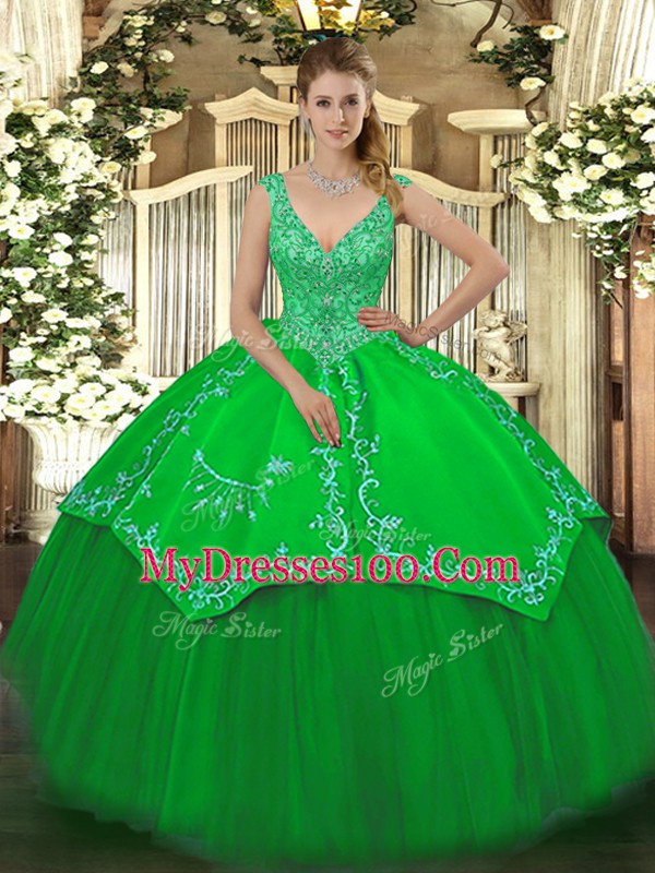 Artistic Green Zipper V-neck Beading and Embroidery Quinceanera Dress Taffeta and Tulle Sleeveless