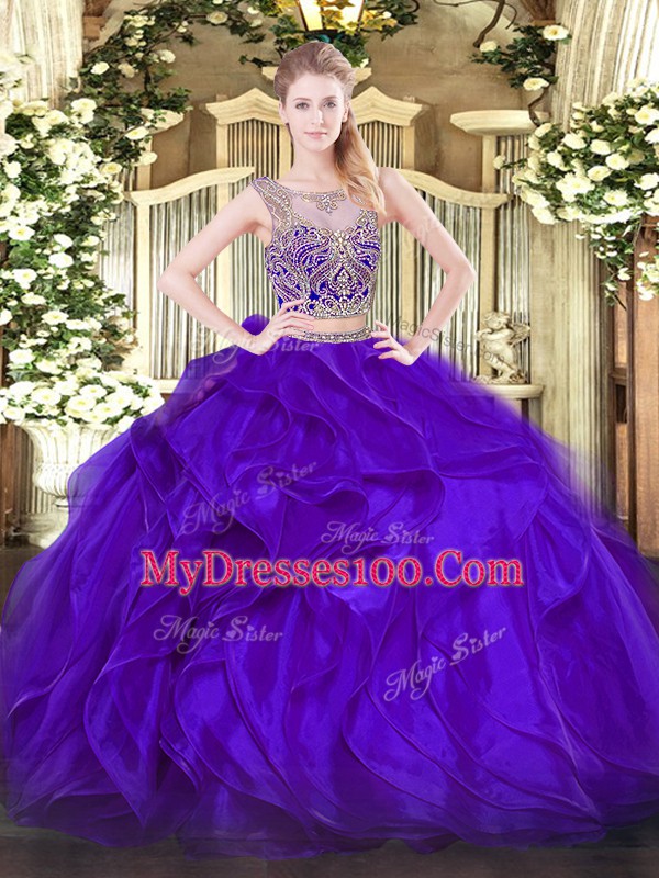 Purple Vestidos de Quinceanera Military Ball and Sweet 16 and Quinceanera with Beading and Ruffles Scoop Sleeveless Lace Up