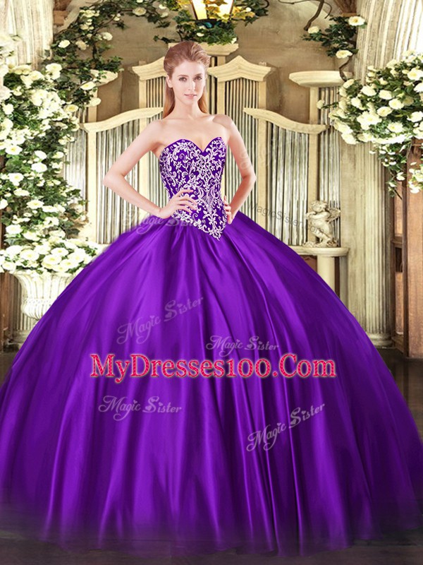 Purple Ball Gowns Beading Ball Gown Prom Dress Lace Up Satin Sleeveless Floor Length