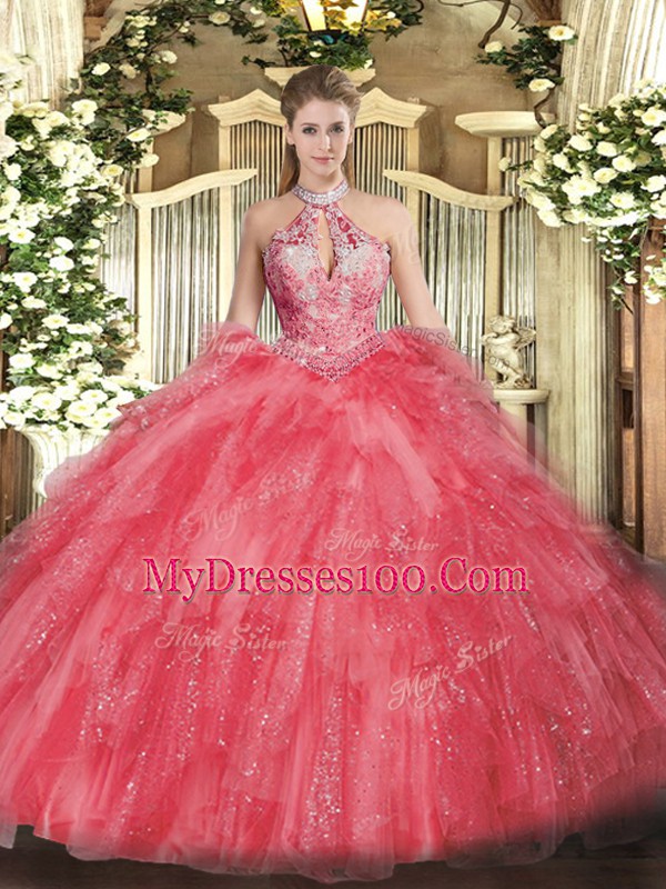 Amazing Coral Red Ball Gowns Organza Halter Top Sleeveless Beading and Ruffles Floor Length Lace Up Quinceanera Dresses