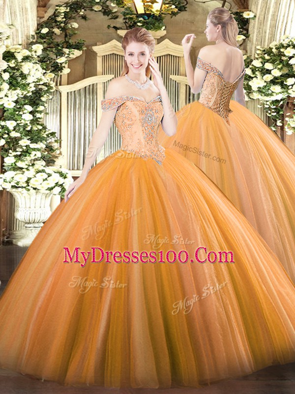 Custom Design Orange Lace Up Vestidos de Quinceanera Beading Sleeveless Floor Length