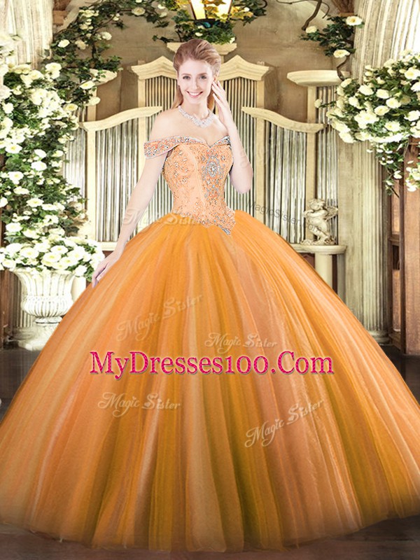 Custom Design Orange Lace Up Vestidos de Quinceanera Beading Sleeveless Floor Length
