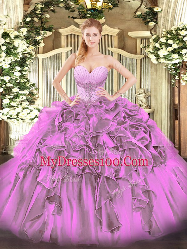 Spectacular Sweetheart Sleeveless Quinceanera Dress Floor Length Beading and Ruffles Lilac Organza