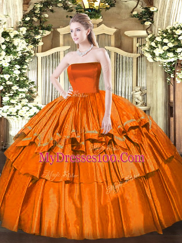 Customized Orange Red Strapless Neckline Ruffled Layers Sweet 16 Dresses Sleeveless Zipper
