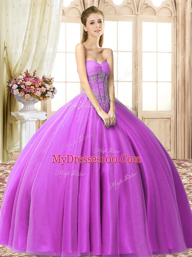 Lilac Lace Up Sweetheart Beading Quinceanera Gowns Tulle Sleeveless