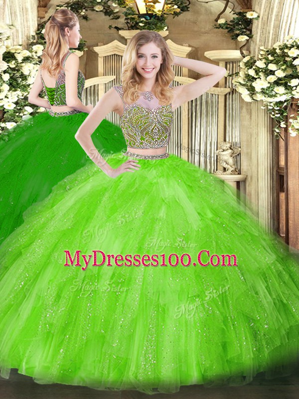 Colorful Tulle Lace Up Quince Ball Gowns Sleeveless Floor Length Beading and Ruffles
