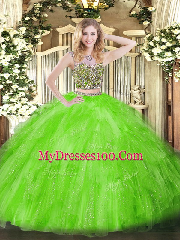 Colorful Tulle Lace Up Quince Ball Gowns Sleeveless Floor Length Beading and Ruffles