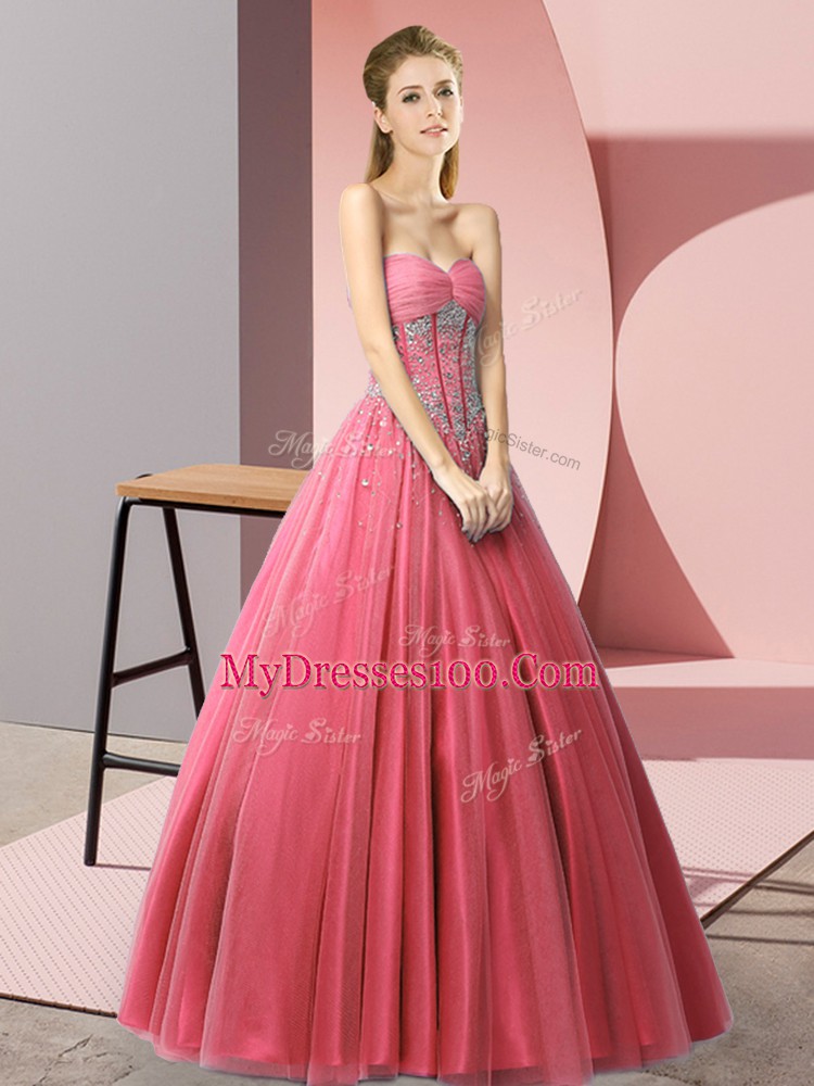 Coral Red A-line Beading Homecoming Dress Lace Up Tulle Sleeveless Floor Length