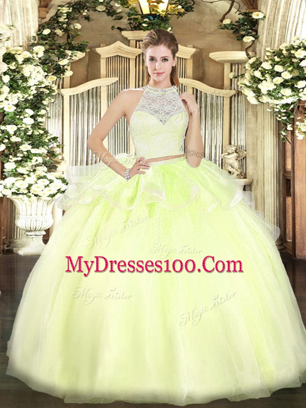 Charming Floor Length Yellow Green Quinceanera Gown Tulle Sleeveless Lace