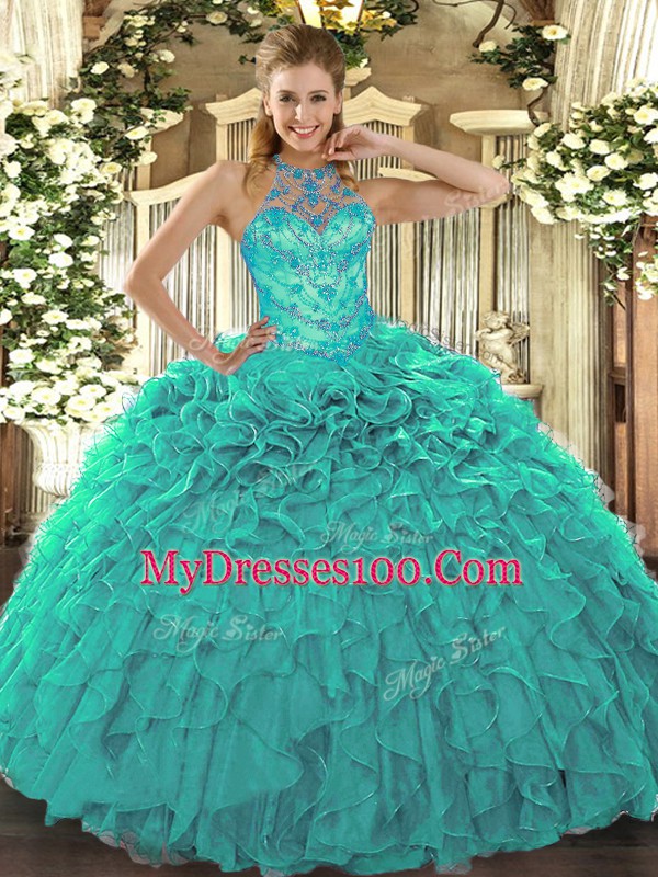 Simple Turquoise Sleeveless Beading and Embroidery and Ruffles Floor Length Quinceanera Gown