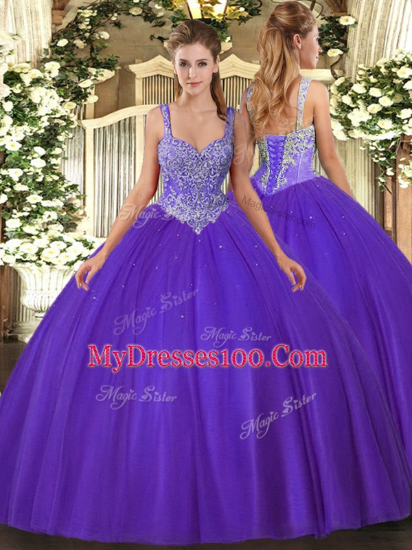 Suitable Purple Ball Gowns Beading Sweet 16 Dress Lace Up Tulle Sleeveless Floor Length