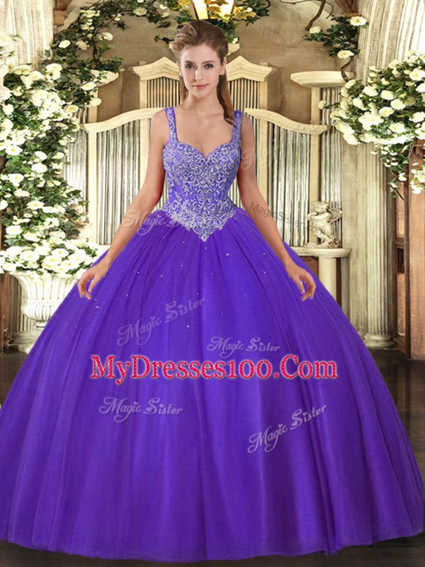 Suitable Purple Ball Gowns Beading Sweet 16 Dress Lace Up Tulle Sleeveless Floor Length