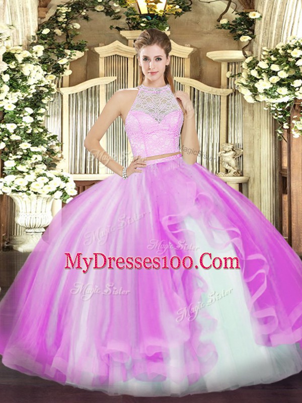 Wonderful Lace and Ruffles Quinceanera Dress Lilac Zipper Sleeveless Floor Length