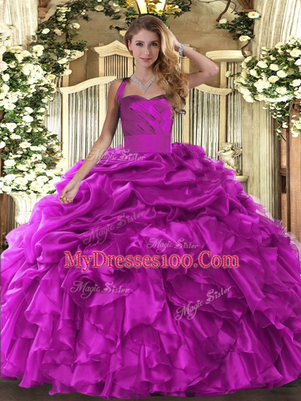 Simple Fuchsia Halter Top Lace Up Ruffles and Pick Ups Sweet 16 Dresses Sleeveless