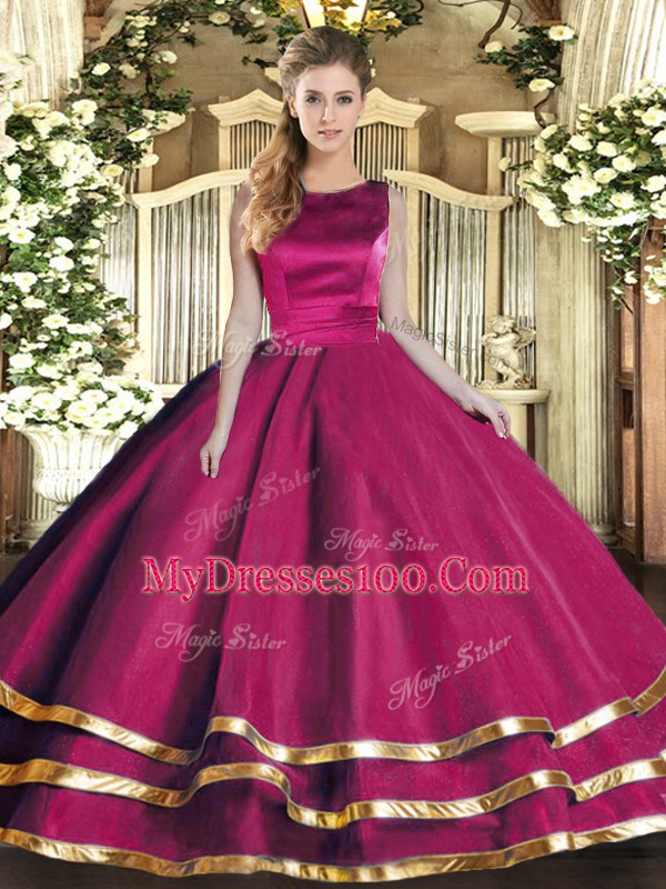 Beautiful Scoop Sleeveless Quinceanera Gown Floor Length Ruffled Layers Fuchsia Tulle